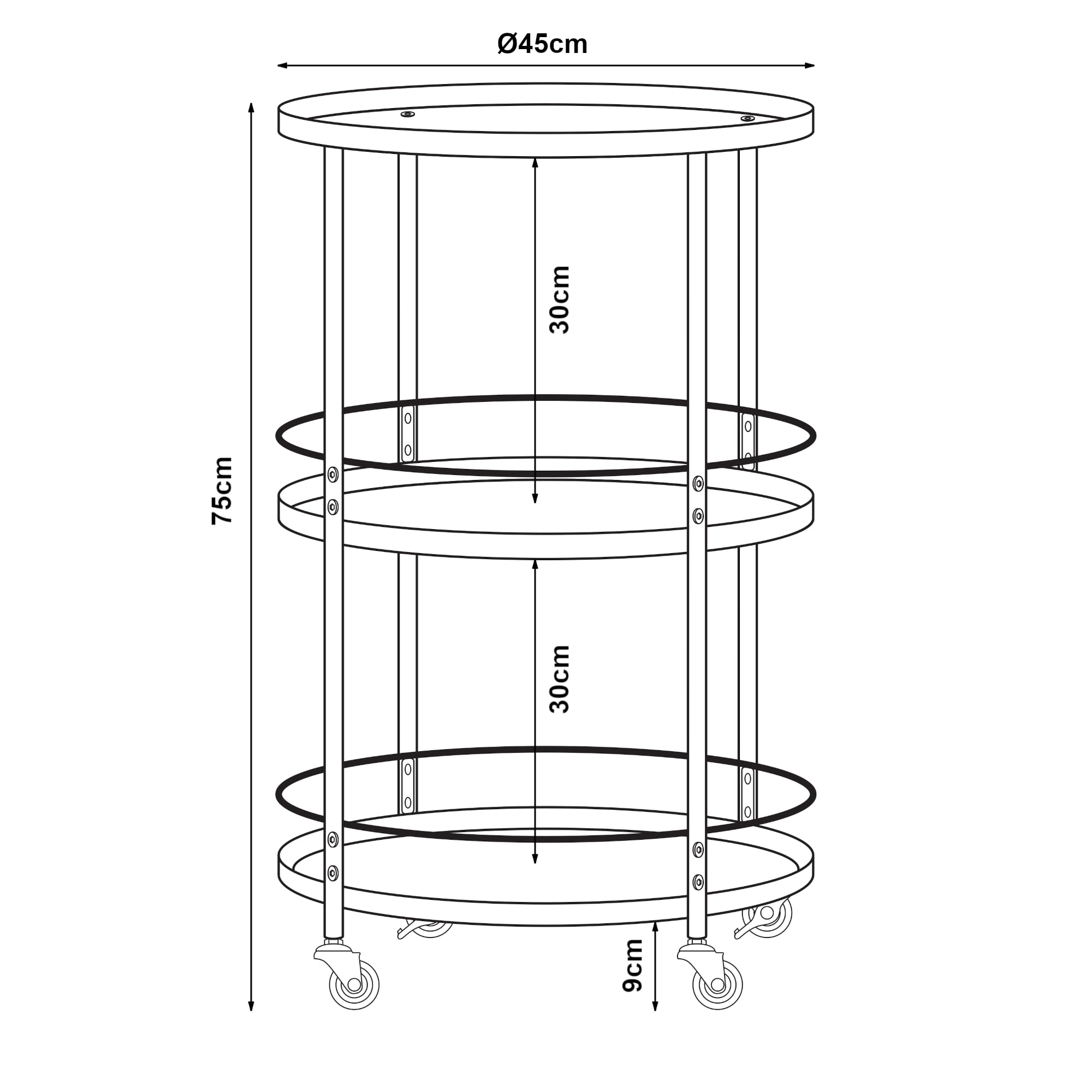 [en.casa] Carro de Servicio con 3 Estantes Redondos Carrito de Cocina Baño con 4 Ruedas con Freno Carrito de Camarera con Barra Anticaída Metal 75 x Ø 45 cm - Negro