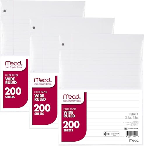 Mead Filler Paper, hojas de papel sueltas, rayado, 200 hojaspaquete (17208) 3 paquete de
