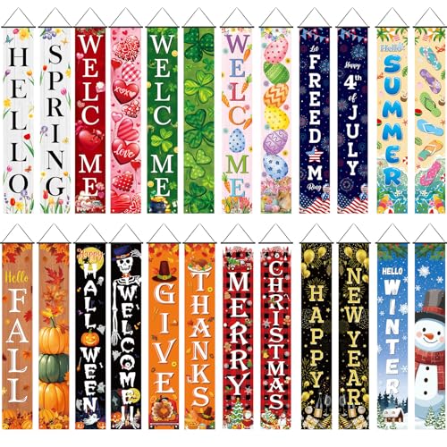 Preboun 12 Pairs Seasonal Door Banner Decorations Set Summer Fall Welcome Banners for Front Door Holiday Porch Banner 11.8 x 70.9 in for Yard Indoor Outdoor Party Decorations