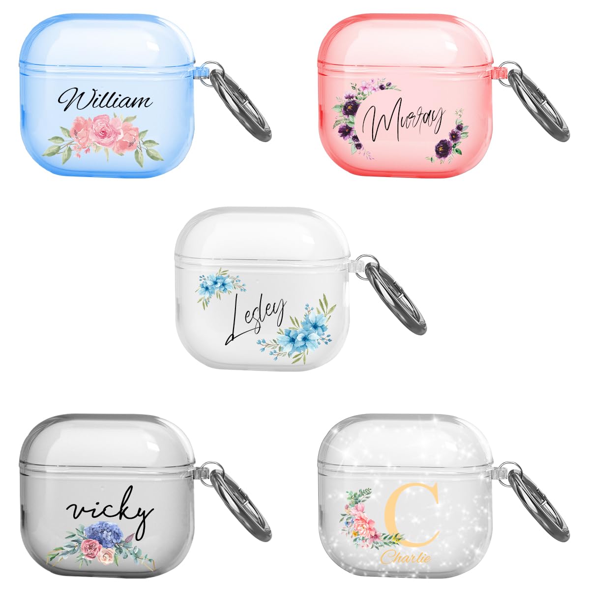 Personalized Name Crystal Case for AirPod 4 with Keychain Running Strap,Custom Monogram Initial on Clear AirPods 4rd Generation Cover Set with Flowers