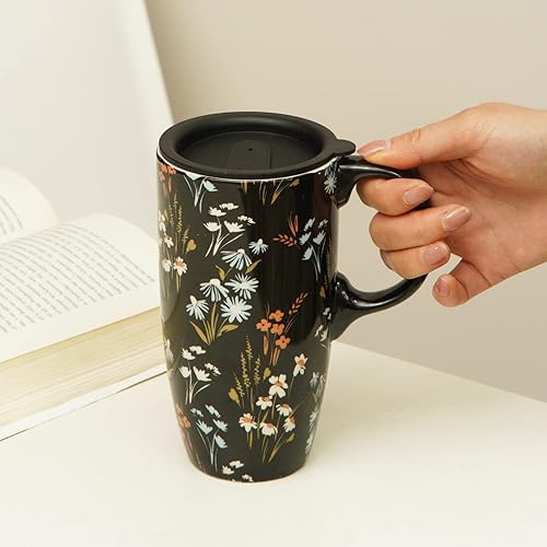 Miniatura 30 de Taza de café de viaje de cerámica con tapa para el hogar y la oficina, taza de té alta de porcelana de 17 onzas con mango de arte floral en caja