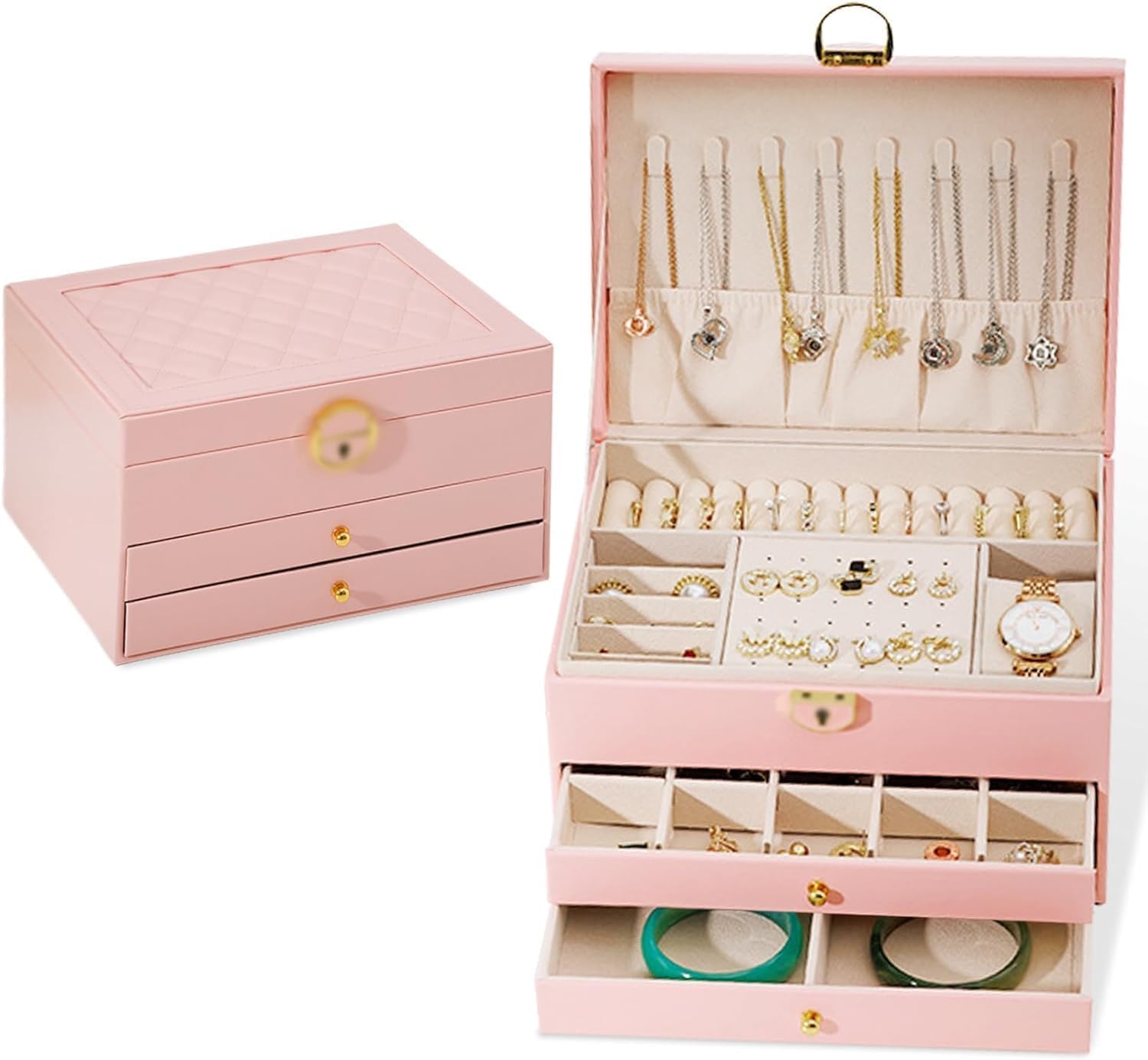 Jewelry Box,3 Layer Jewellery Organizer for Women Girls,Jewellery Storage Case with Lock and Removable Tray,for Necklace,Earrings,Bracelets, Rings (Pink)