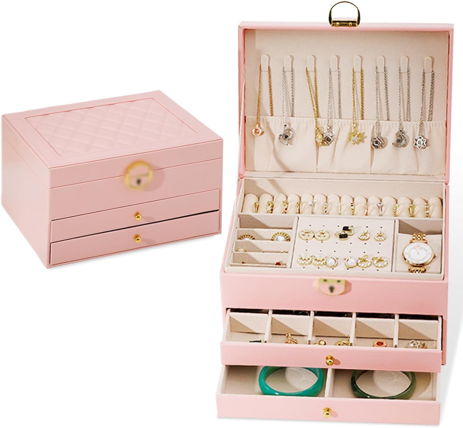 BSJIASHIWEI Jewelry Box,3 Layer Jewellery Organizer for Women Girls,Jewellery Storage Case with Lock and Removable Tray,for Necklace,Earrings,Bracelets, Rings (Pink)