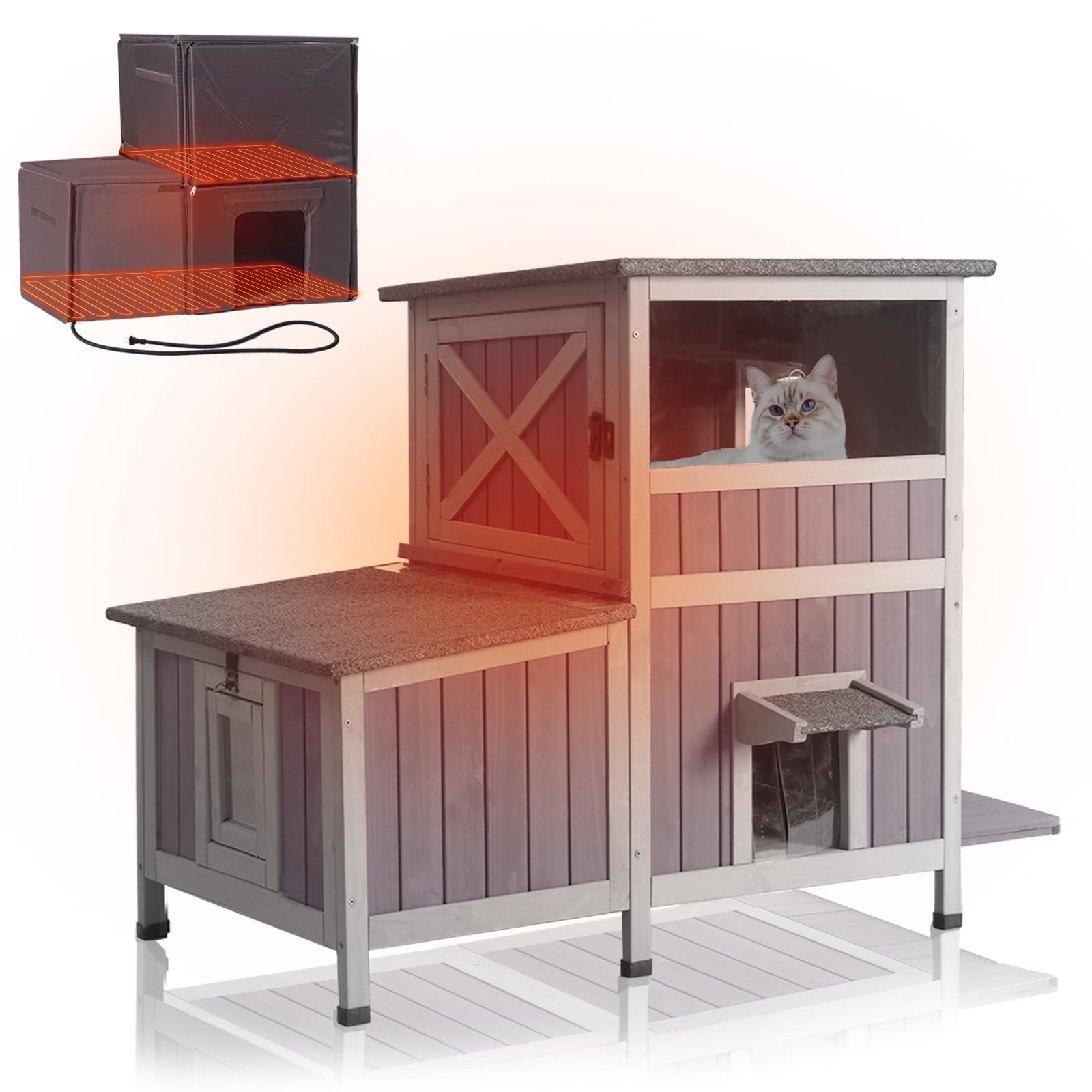 GUTINNEEN Heated Cat House Outdoor Insulated Liner Cat House with Heated Pad Feral Cat Shelter with Escape Doors Weatherproof