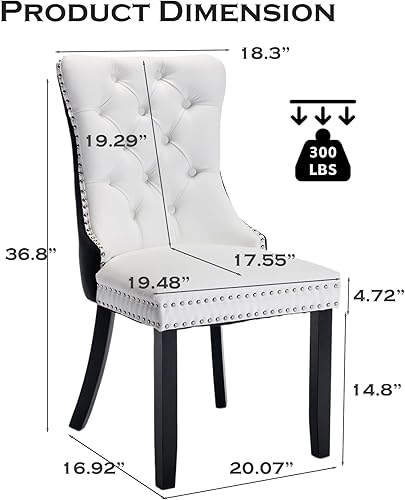 Miniatura 6 de Juego de 4 sillas de comedor de cuero tapizadas con ribete de cabeza de clavo y patas de madera maciza para cocina, restaurante, blanco y negro