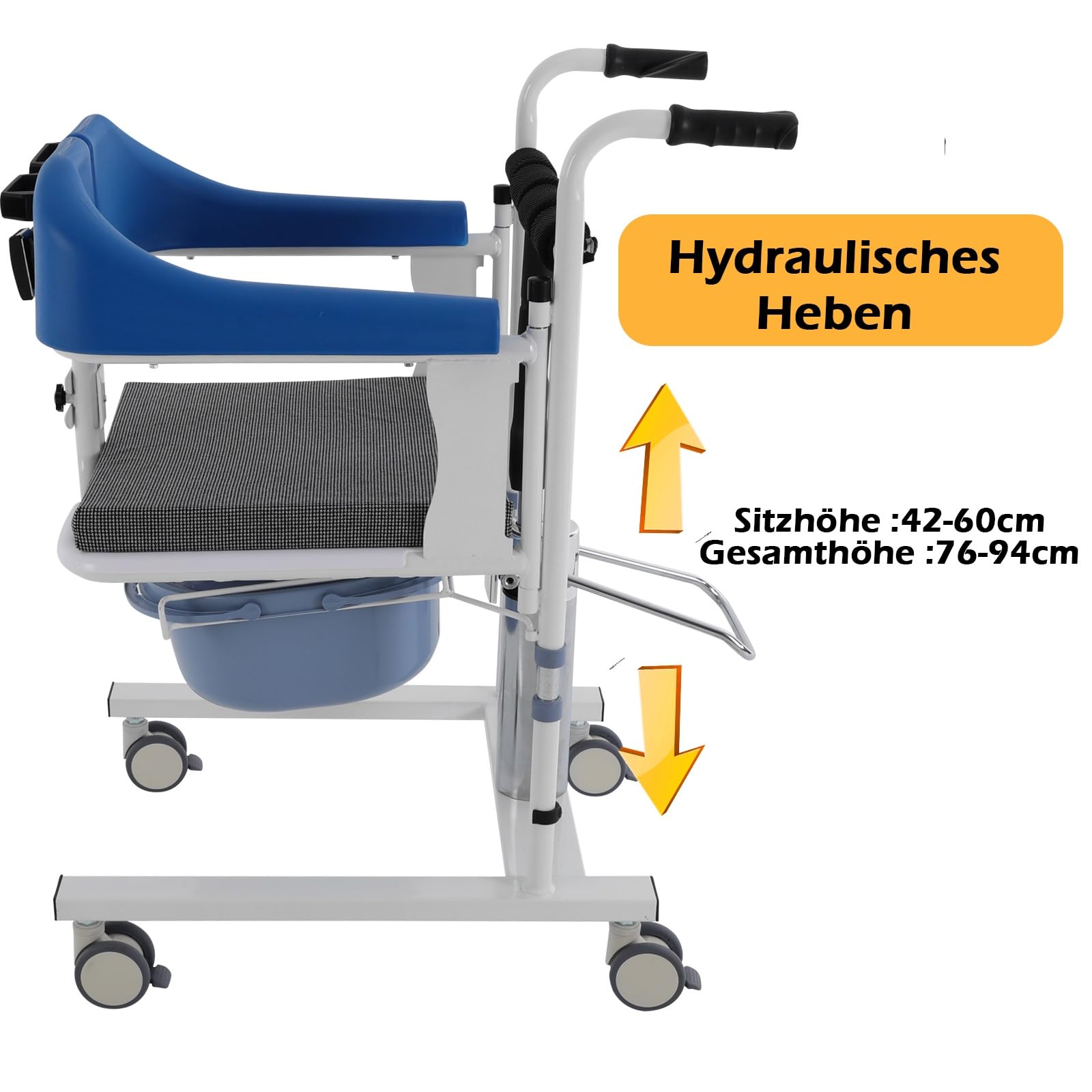 OUKANING Patientenlifter Transferstuhl - Duschrollstuhl HöhenverstellbarToilettenstuhl mit Rollen Bis 100 kg Belastbar Nachtstuhl Badezimmerrollstuhl mit Rollen für Senioren Behinderte (Blau)