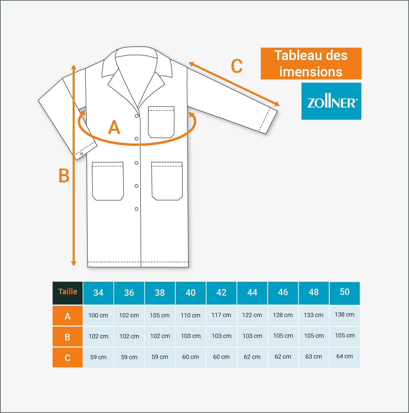 ZOLLNER Blouse de laboratoire longue femme - blouse de médecin avec poches pratiques et boutons-pression - coton - taille 34-50 - lavable à 95°C - certifiée Oeko Tex®, 141