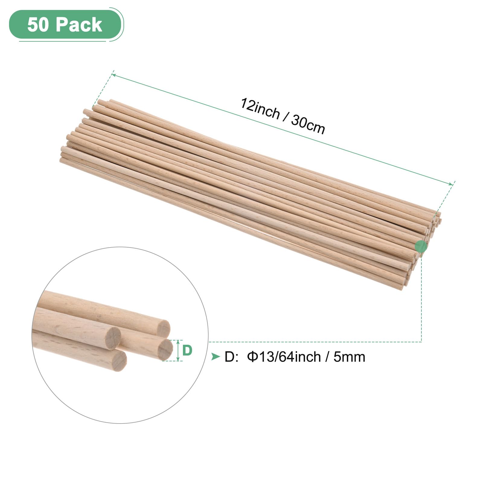 M METERXITY 50-Pack Dowel Rods Wood Sticks, 13/64 x 12 Inch Wooden Dowel Rods, Unfinished Hardwood Sticks - Image 3