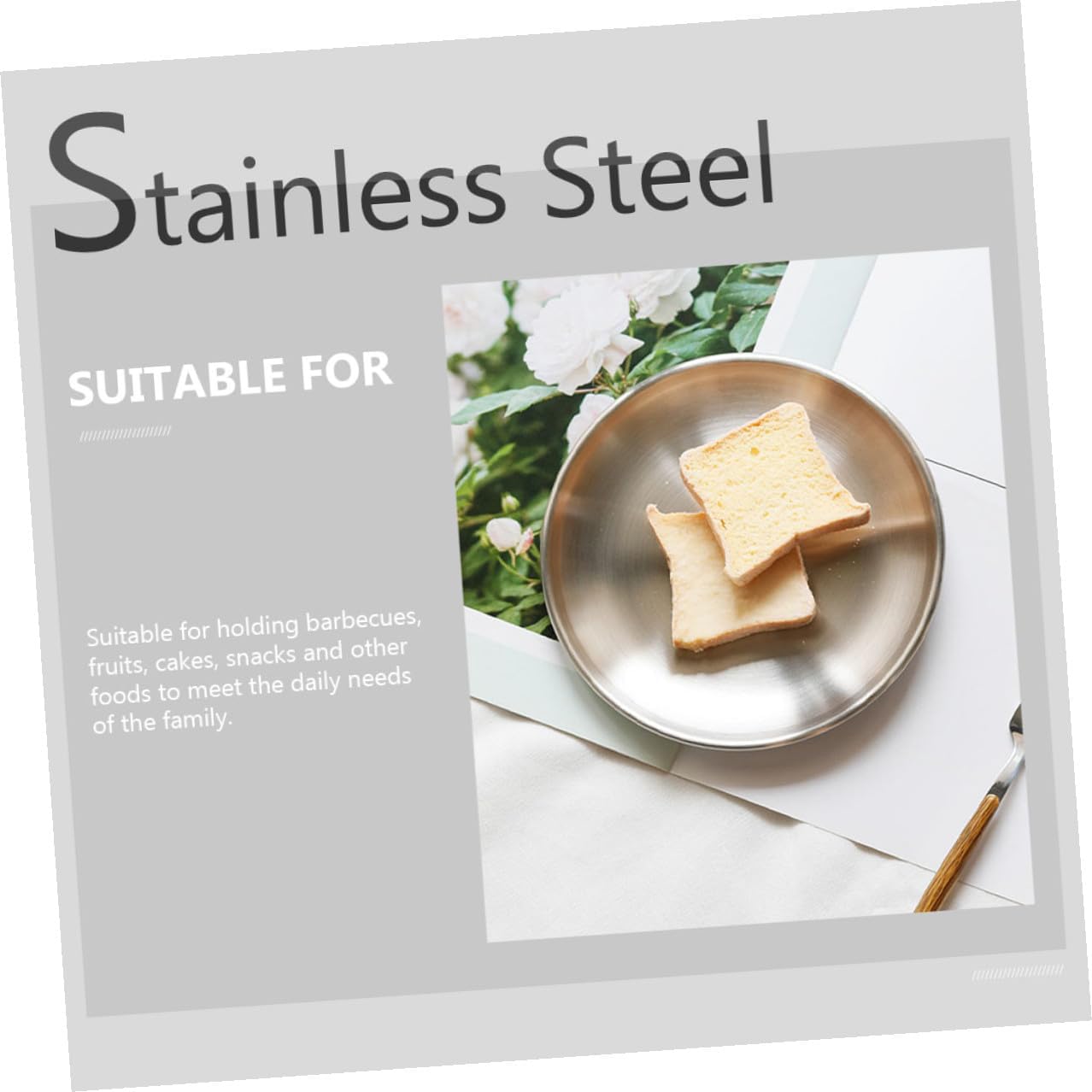 MAGICLULU Stainless Steel Plate with Polished Smooth Edges and High-temperature Resistance, Silver round Grill Plate for Fruit Serving and Camping Use
