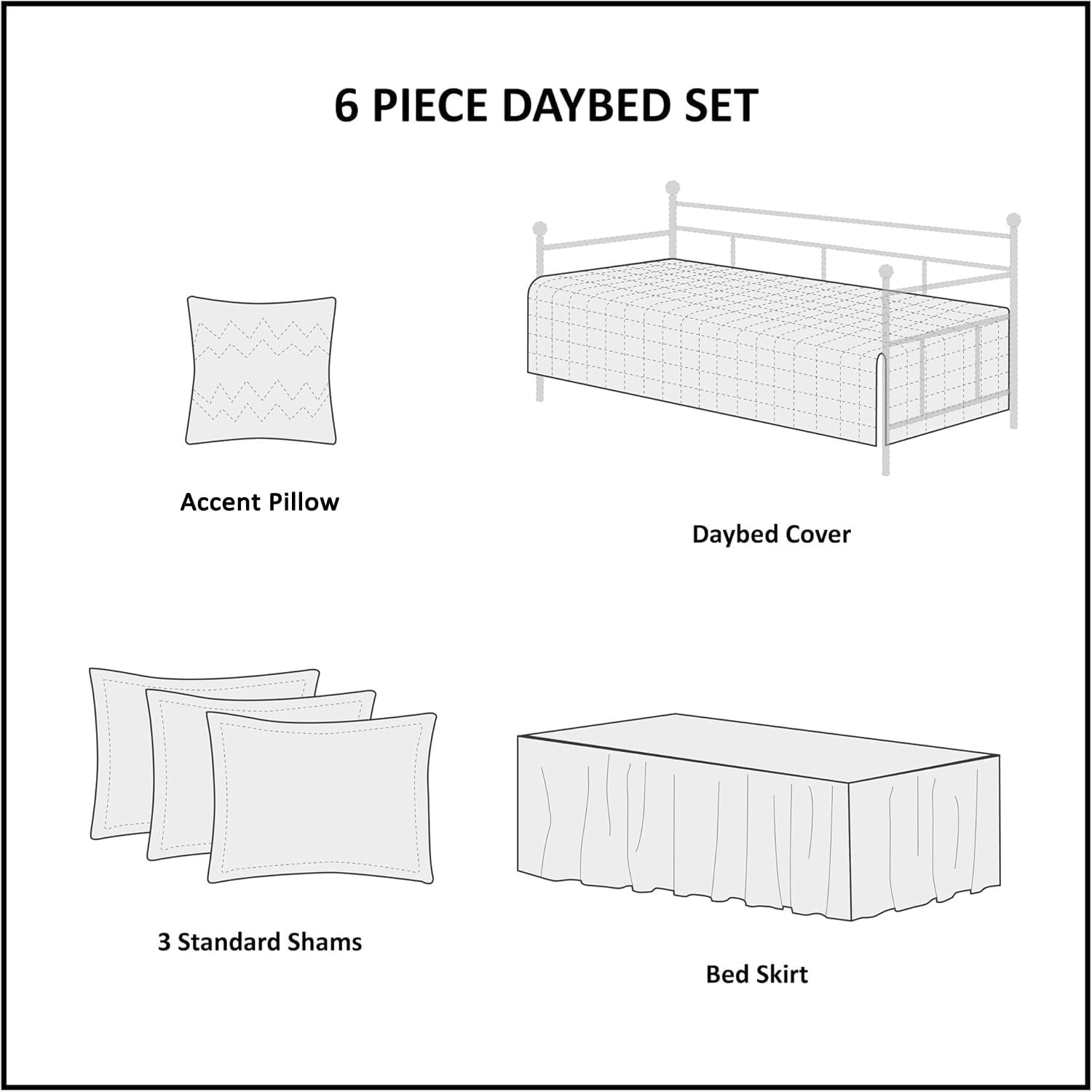 HESTIN 6 Piece Damask Daybed Cover Set- Double Sided Quilting with Bedskirt, Matching Shams,Easy Care Daybed Cover Set or All Season, 75"x39",Aqua