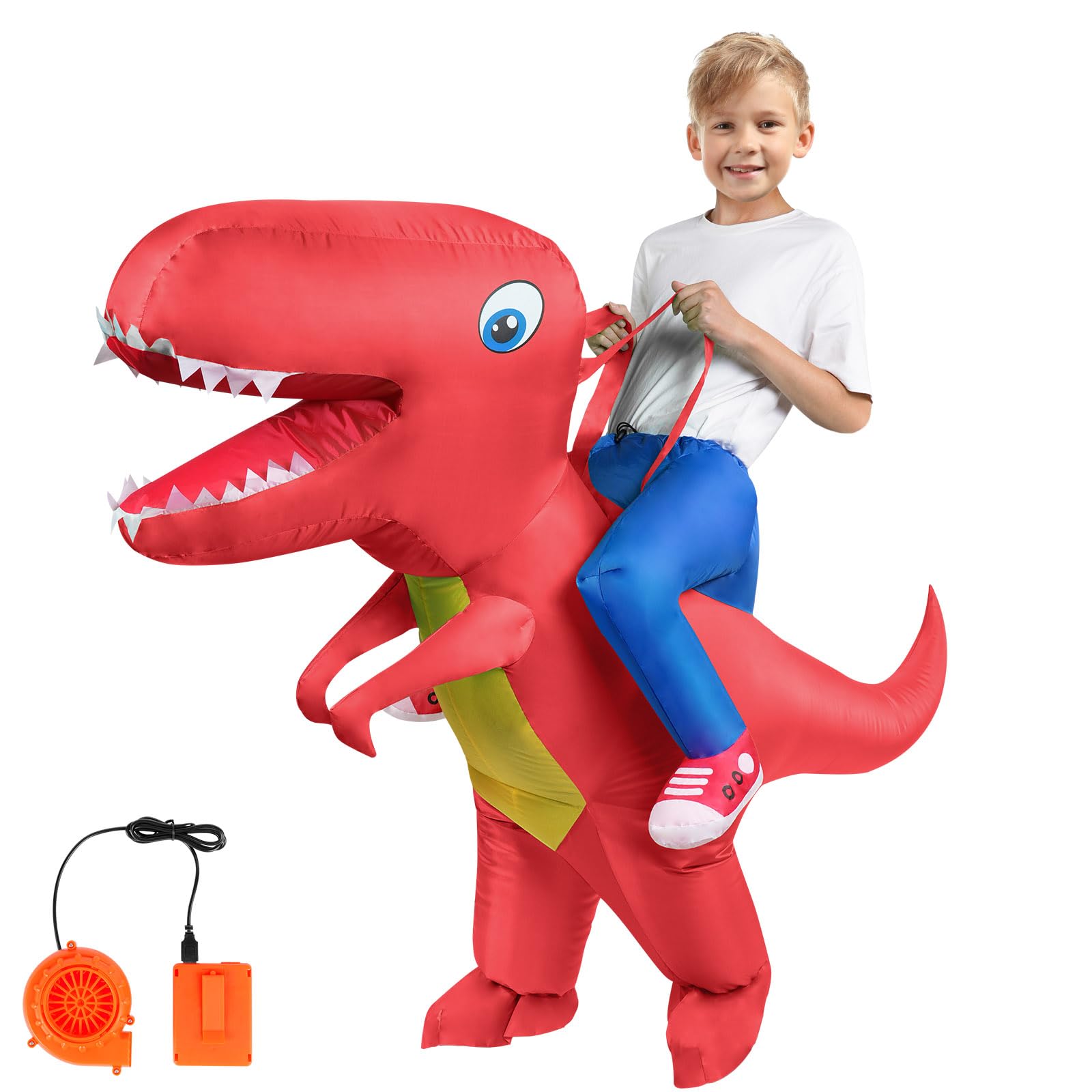 AOOWU Dinosaur Costume, Deluxe Dinosaur Inflatable Costume T-Rex Blow up Fancy Dress for Kids, Funny Ride-on Green Dinosaur Halloween Costumes for Halloween Cosplay Masquerade Party, Red