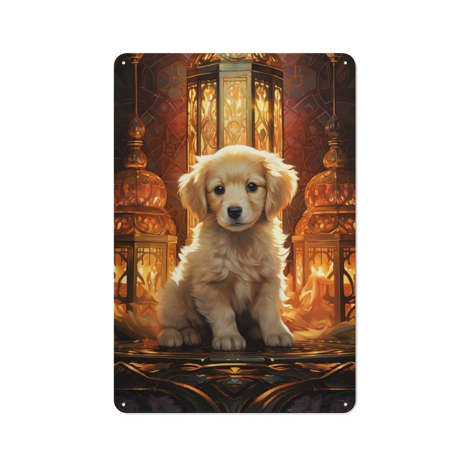 Junmoney Style-22 Decorative Metal Plaque With Golden Retriever Puppy With Lanterns Design 30X20cm, Casual Utility Space Decor For Patio Bar, Workshop, Shed Or Kitchen