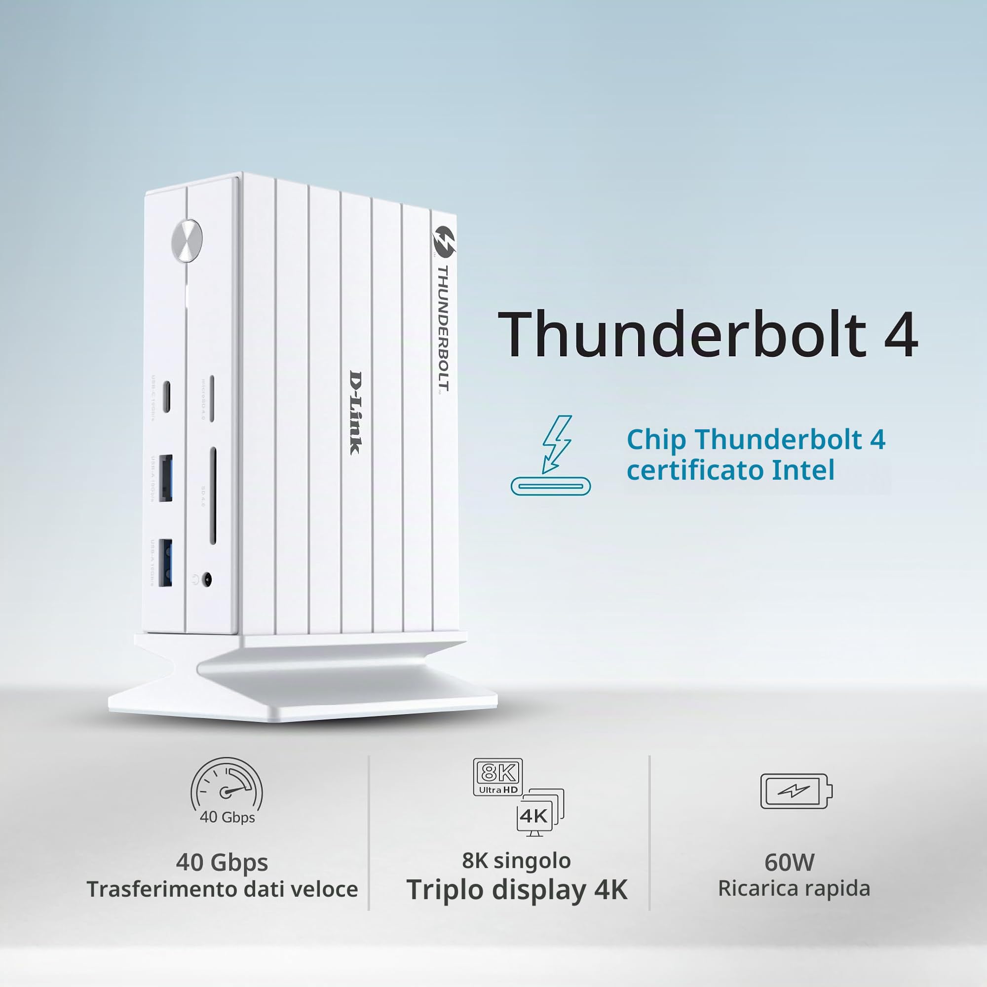 D-Link DUF-E01 Docking Station Thunderbolt 4 14-in-1 – Triplo Display 8K, 40Gbps, Ricarica PD 60W, HDMI 2.1, DP 1.4, LAN Gigabit, SD/microSD, Audio, Porte USB-C e USB-A – per Mac, Windows e Android