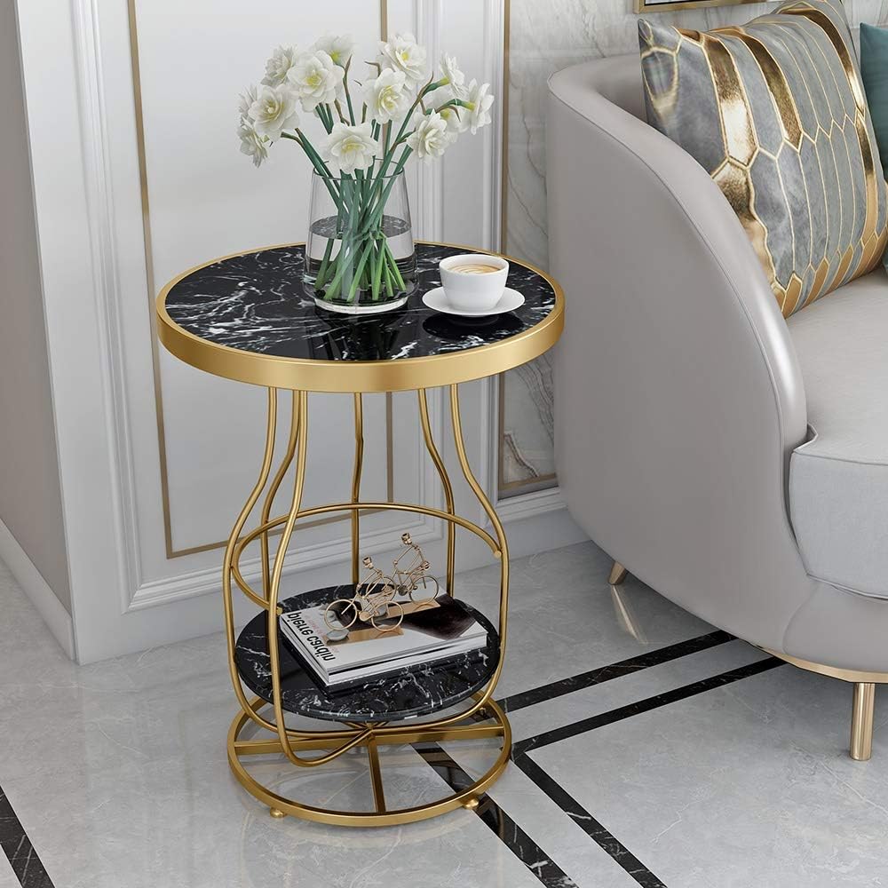 Telephone Table, Marble Side Table Living Room Telephone Table Golden Wrought Iron Sofa Corner Table Balcony Coffee Table Small Round Table,50x63CM (Color:Black)