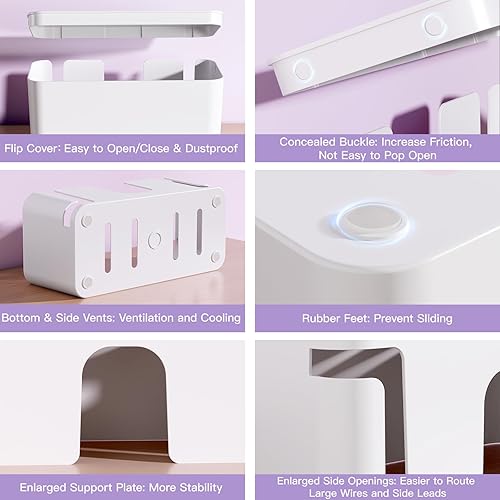 Miniatura 5 de Delamu Paquete de 2 cajas de organización de cables, elegantes organizadores de cables para cables, caja oculta de cables ABS a prueba de mascotas y