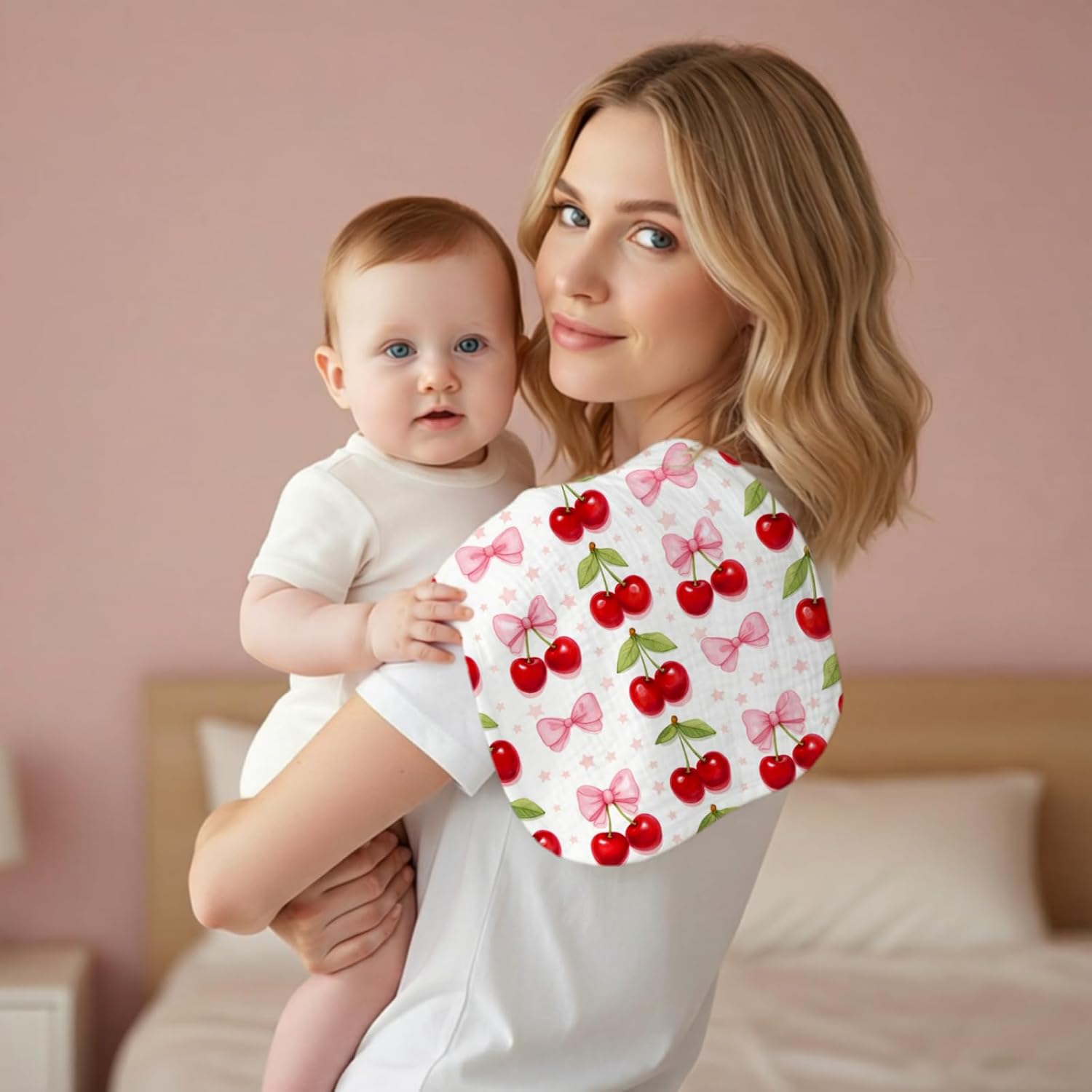 5 Pack Baby Burp Cloths, Soft Cotton Sweet Cherry Theme Burp Cloths, Super Absorbent Cute Fruit Orchard & Gingham Print Washcloths, Newborn Baby Girl Essentials Gift Set image 4
