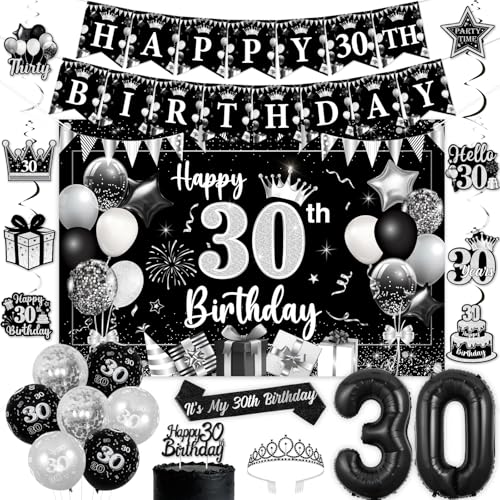 Couronne de gâteau 30e anniversaire et kit de ballons noirs et argentés scintillants