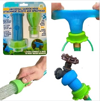 Rinseroo Universal Garden Hose Attachment Sleeve and Sprayhead. Easily Connect a to Most Water Sources. Stretch Connect. No Adapter Needed. Rinseroo Blue and Green