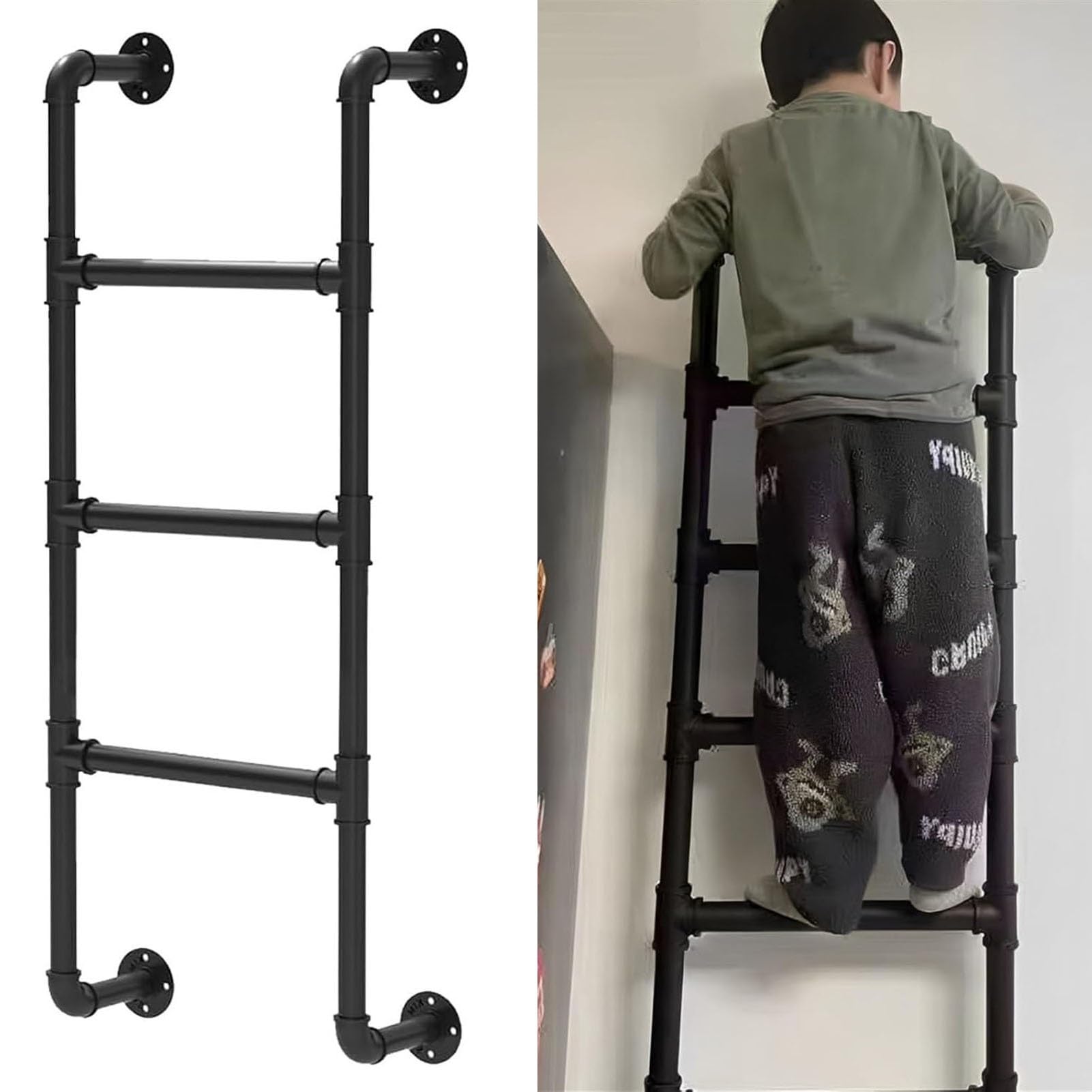 Échelle de lit superposé noire et mezzanine en métal robuste pour chambre et grenier