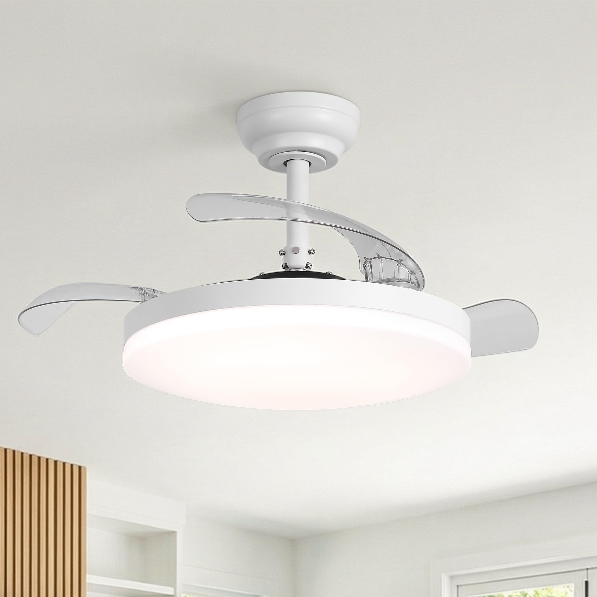 Parrot Uncle Ceiling Fan with Light and Retractable Blades, 91 cm, 24 W, 3 Transparent Blades, Quiet DC Motor, Summer and Winter Mode, 6 Speeds, Programmable, Remote Control, White