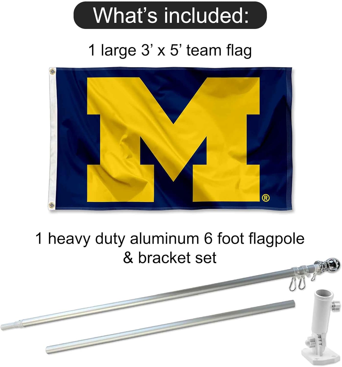 College Flags & Banners Co. University of Michigan Block M Flag and Pole Bracket Mount Bundle