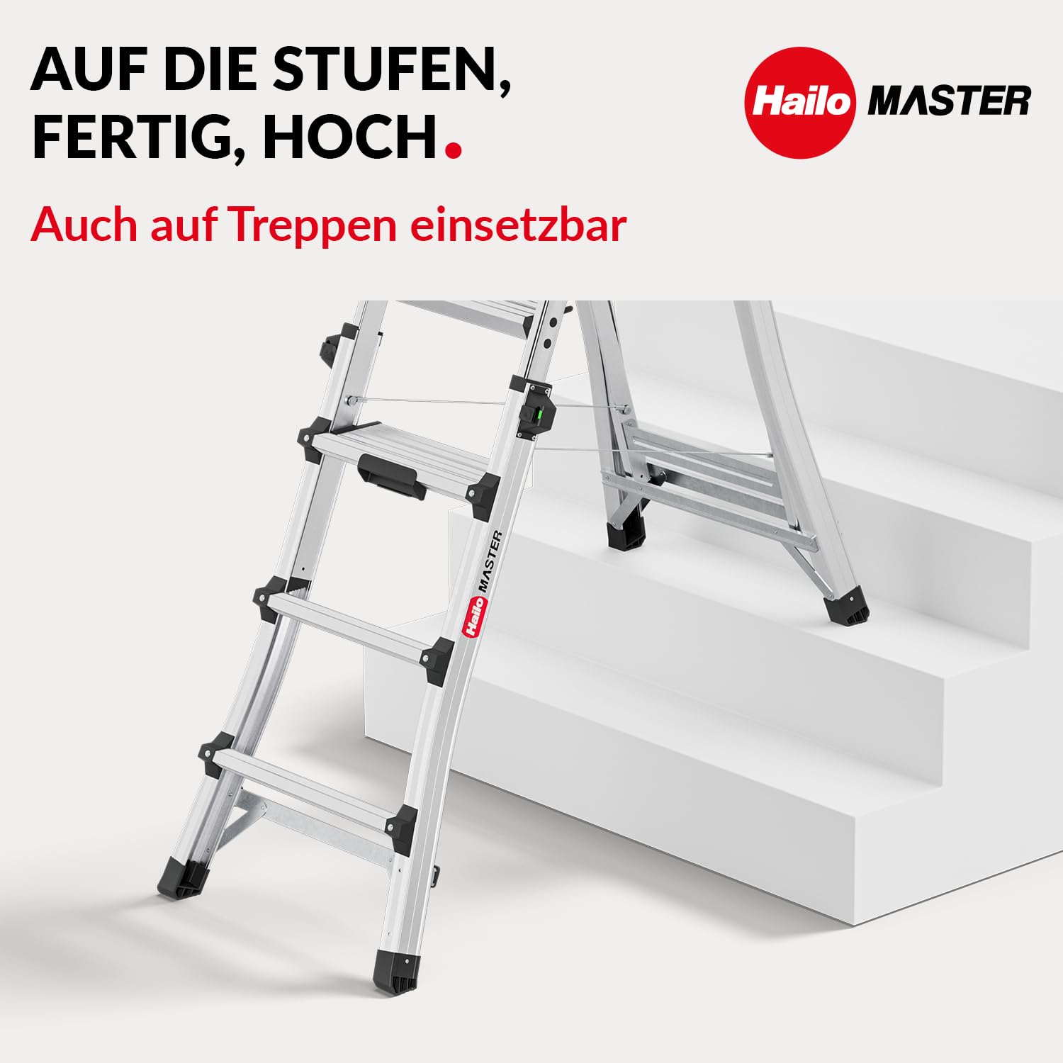 Hailo Master TL100 Topline 3-in-1 Alu Teleskopleiter - Flexible Arbeitshöhe 3-5 Stufen belastbar bis 150 kg - 2,65-3,09 m Arbeitshöhe einstellbar - extragroße Plattform - Leiter ausziehbar - Aluleiter