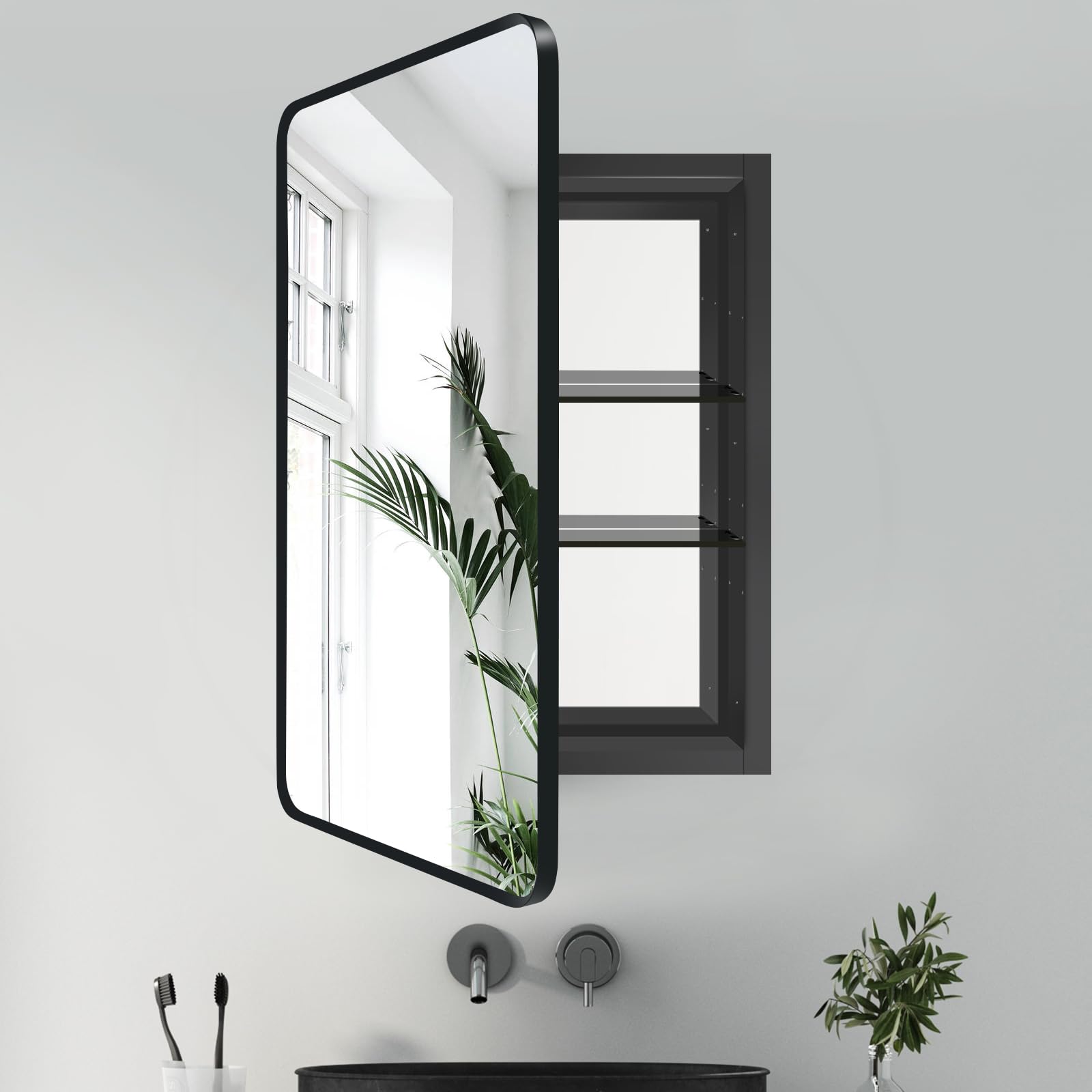 Medicine Cabinet Mirror, Black Metal Framed Recessed Bathroom Medicine Cabinet with Vanity Mirror,Bathroom Cabinet with Mirror and Adjustable Shelves16x24 Inch