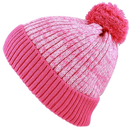Kids Knit Daily Pom Beanie Hat with Thick Fleece Lining for Boys and Girls Versatile Winter Warm Cozy Skull Hats for Children (Hot Pink)