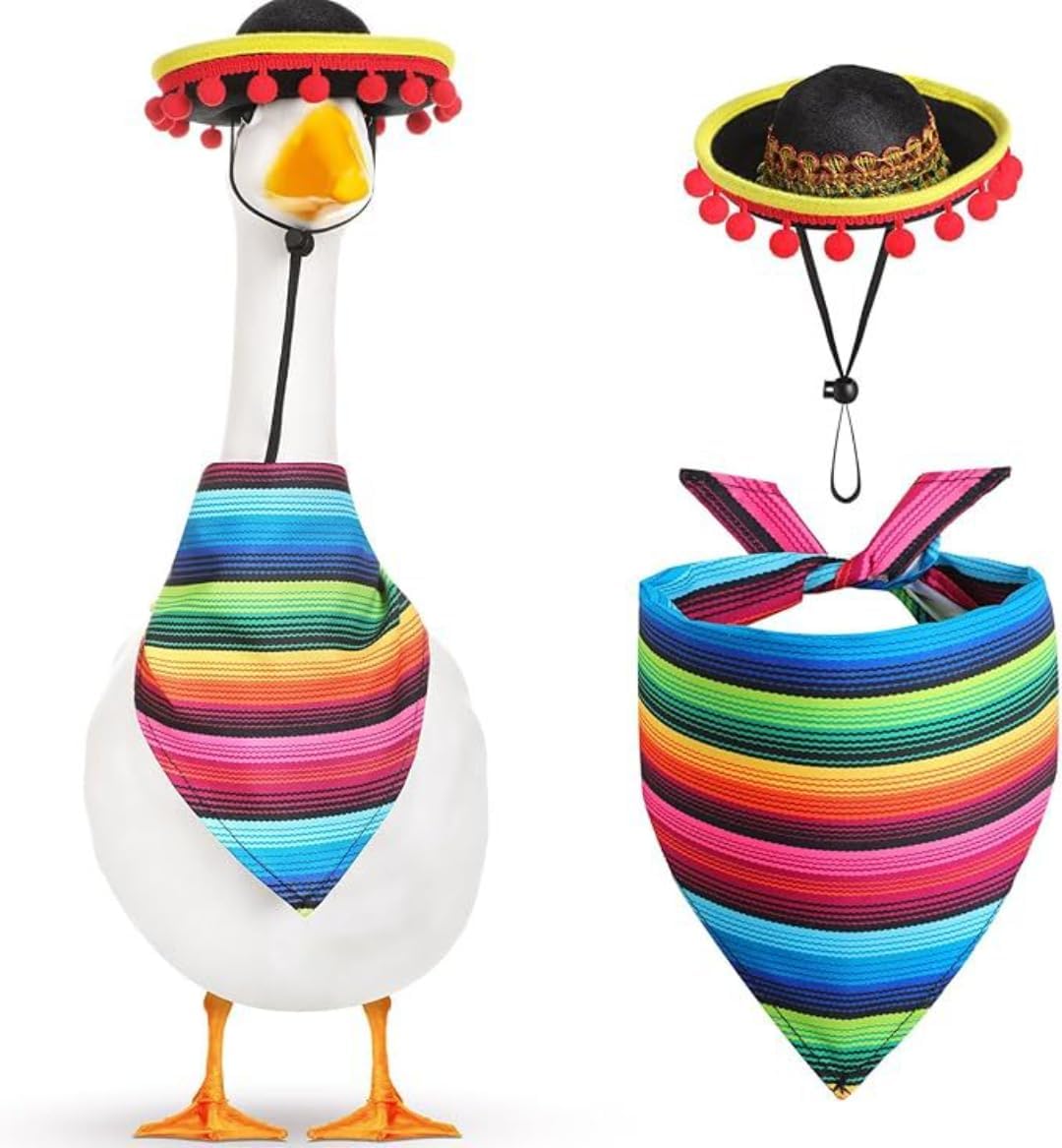 Porch White Goose hat Scarf Set Big White Goose Decoration Colorful furball Straw hat Striped Triangle Scarf