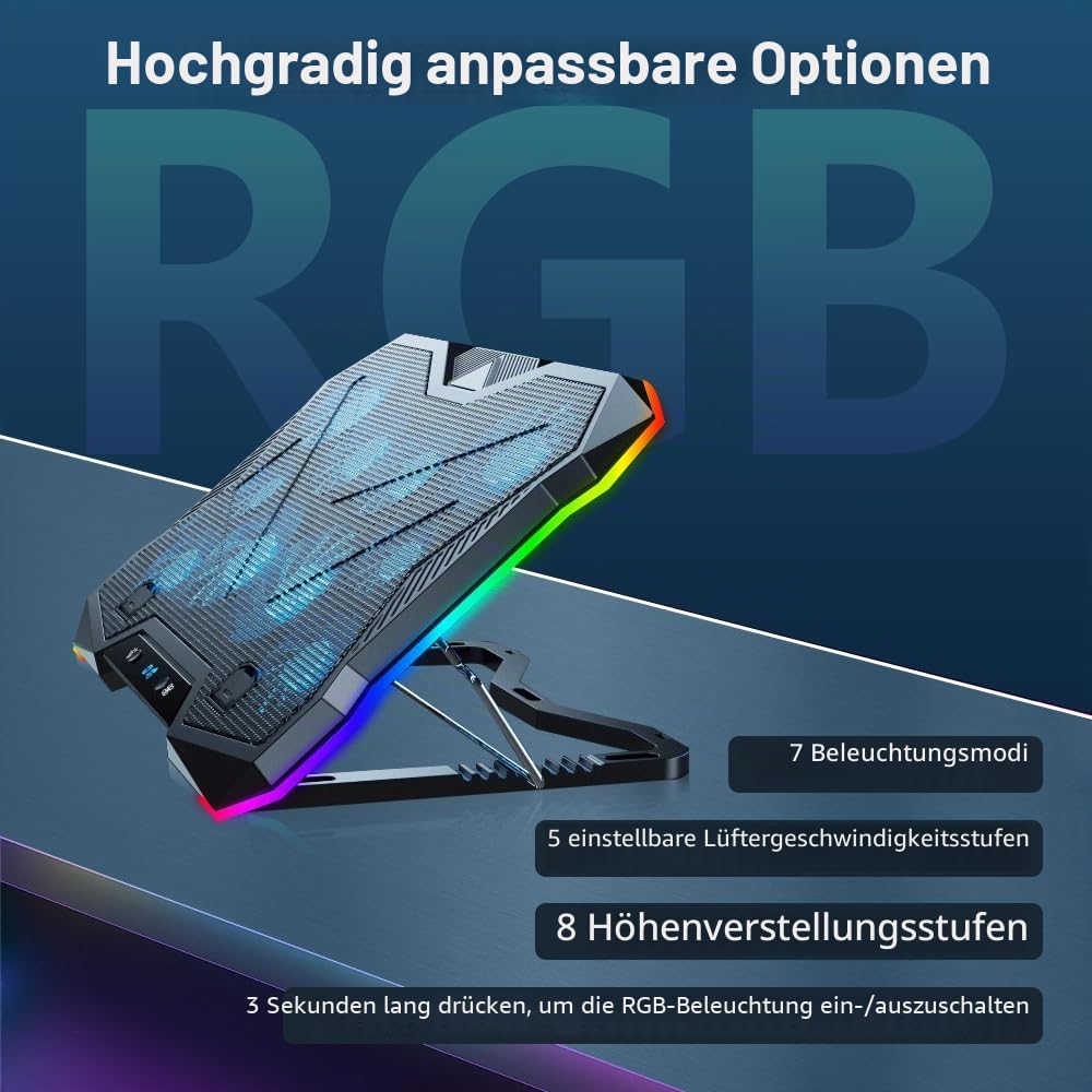 G-STORY Laptop Kühlpad,Laptop Kühlpads für 12-18 Zoll Notebook,10 Lüfter mit LEDs,Laptop Cooling Pad 8 höhenverstellbare Stände und 1 USB Port