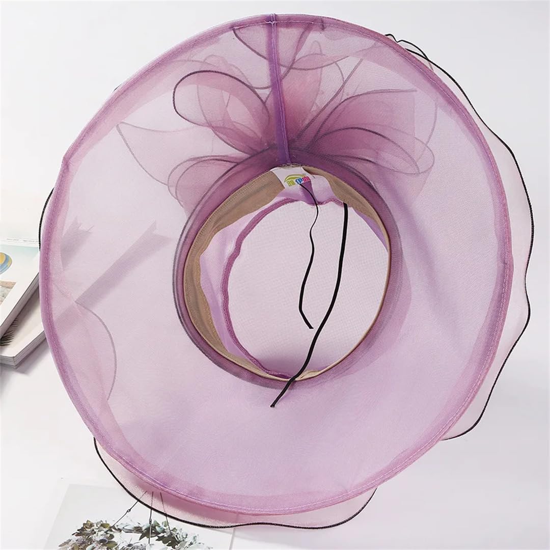 Sombrero de ala ancha para mujer, para verano, al aire libre, vacaciones, playa, casual, moda, elegante, flor de organza, iglesia
