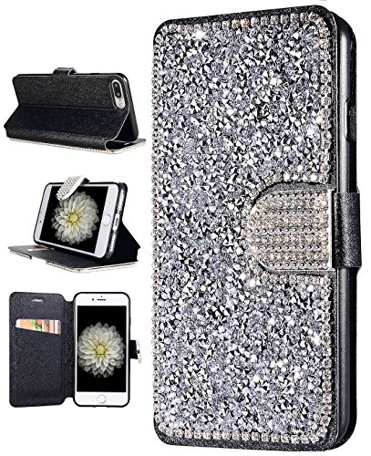 iPhone 7 Plus Case, iPhone 7 Plus Wallet Case, FLYEE [Kickstand] Bling Handcraft Luxury Rhinestone Flip Case Magnetic Crystal Protective Leather with Card Slot for Apple iPhone 7 Plus 5.5 Inch Silver