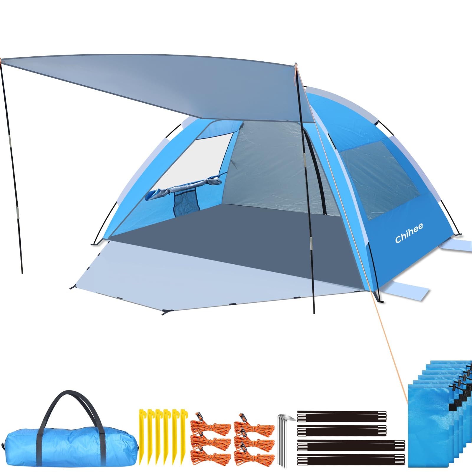 Chihee Strandzelt Camping-Sonnenschutz für 2-3 Personen mit UV-Schutz Silberbeschichtetes Gewebe Atmungsaktives Netzgewebe Zusätzliche Sandsäcke,Tragbar Strandschatten Überdachung (Blau(mit Veranda))