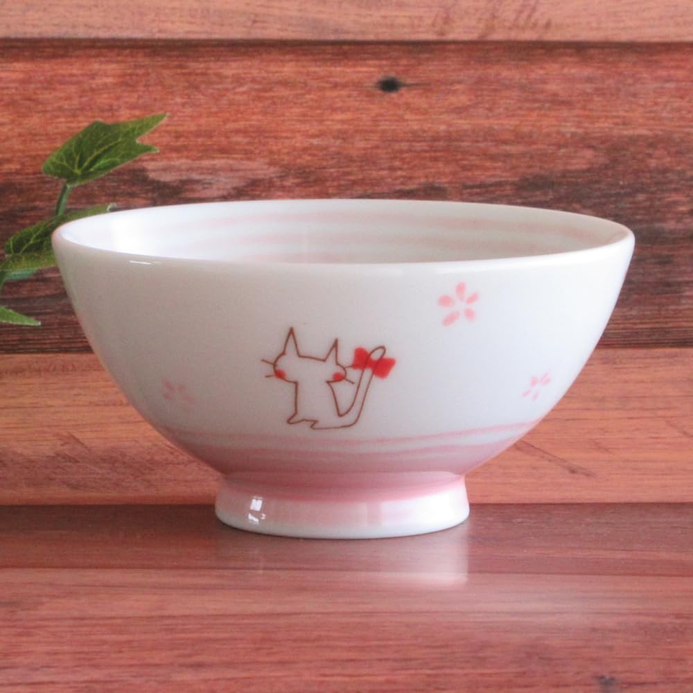 Amazon | ご飯茶碗 陶器 リボン猫ピンク茶碗 和食器 美濃焼 業務用