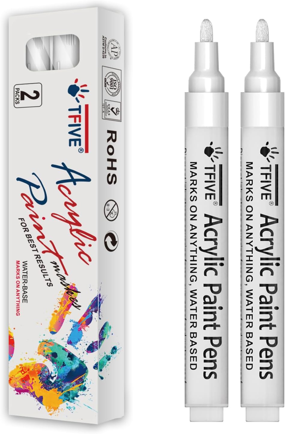 TFIVE White Paint Marker Pens - 2 Pack Acrylic Permanent Marker, 2-3mm Medium Tip, Paint Pen for Art Projects, Drawing, Rock Painting, Ceramic, Glass, Wood, Plastic, Metal, Canvas DIY Crafts