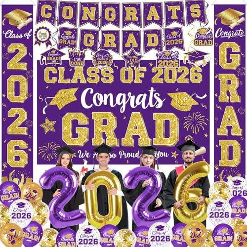 Graduation Decorations Class of 2026 Purple and Gold Graduation Decorations Include Grad Backdrop Banner Hanging Swirls Porch Sign Balloons for Congrats Grad Party Supplies