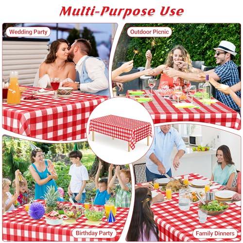 Image of 12Pack 54 inch x 108 inch Table Cloth Rectangle Table, Waterproof Plastic Table Cloth Ddisposable, Red and White Checkered Tablecloth Table Cover for Outdoor Picnic Birthday Party Gathering BBQ Holiday Dinner