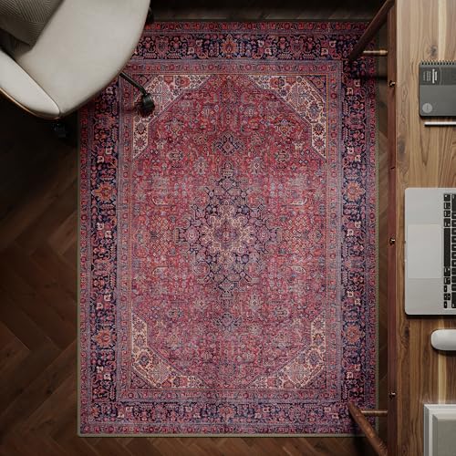 Machine Washable Rug, 122x170cm, 75% Recycled Cotton, Short Pile, Non-Slip Backing, Non-Shedding, Suitable for Living Room, Bedroom, Kitchen, Hallway, Office, Aesthetic Crimson Red