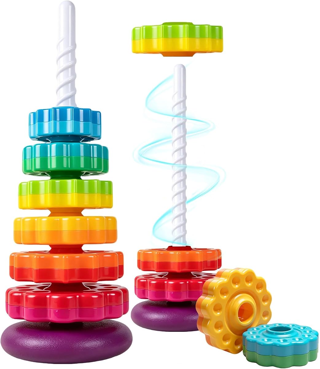Montessori Toys for 1 Year Old Spinning Stacking Rings | Rainbow Stacking Toy for Toddlers 1-3, Autism Sensory Learning, Cause & Effect Fine Motor Skills Gift