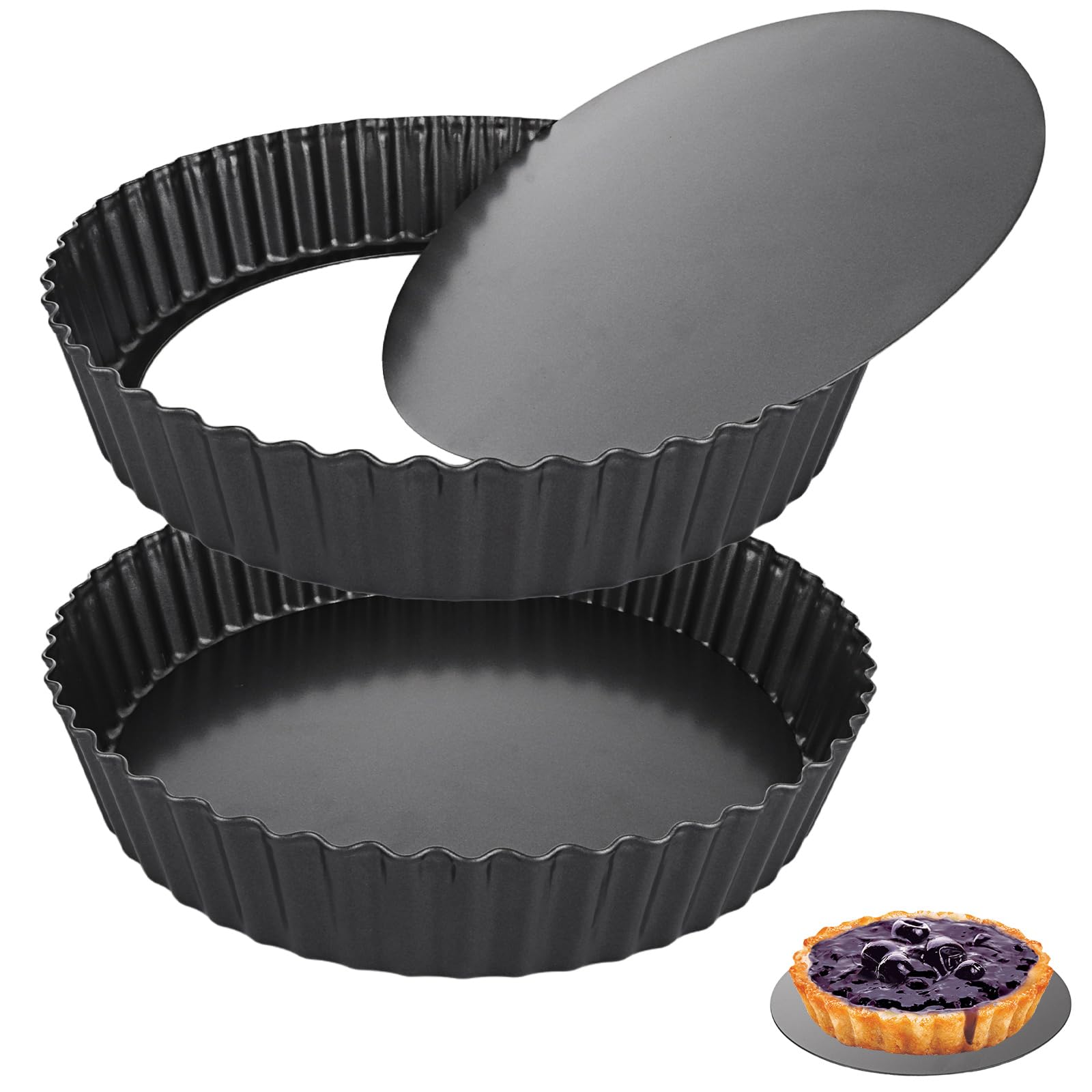 LOLYSIC 2Pcs Deep Quiche Tins with Loose Base, 5.5cm Deep Pie Dish Loose Bottom Flan Tin, Carbon Steel Fluted Tart Tins for Baking, Non Stick Quiche Dish with Removable Bottom, Black (28cm)