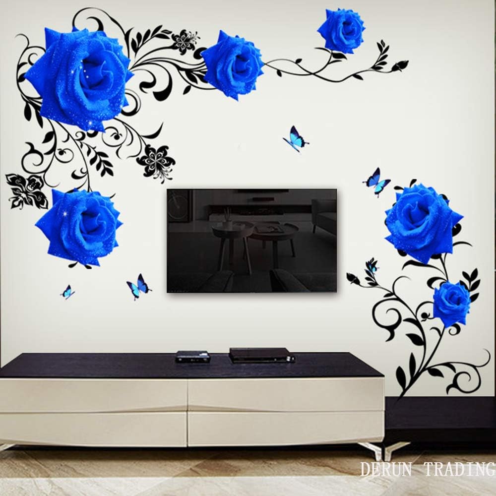 DERUN TRADINGBlue Rose Flower Wall Stickers Decals Decor Murals Peel and Stick for Living Women Girls Nursery Room Bedroom Home Improvement Paint Wall Treatments Vinyl Removable Mural Paper