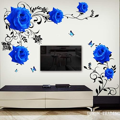 DERUN TRADING Calcomanías de pared de flores de rosa azul, calcomanías de decoración murales para mujeres y niñas, cuarto de bebé, dormitorio,