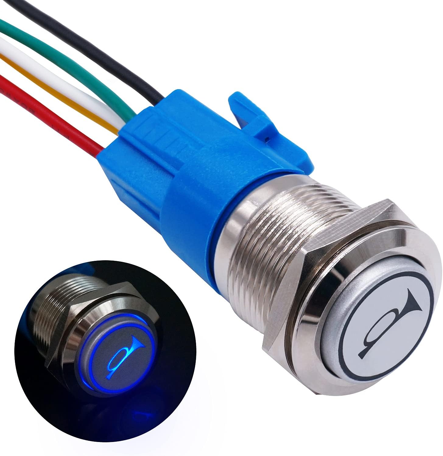 TWTADE/16MM 12V Car Horn Push Button Blue LED Lighted Momentary Metal Speaker Air Horn Toggle Switch with Wires HORNG16-BU