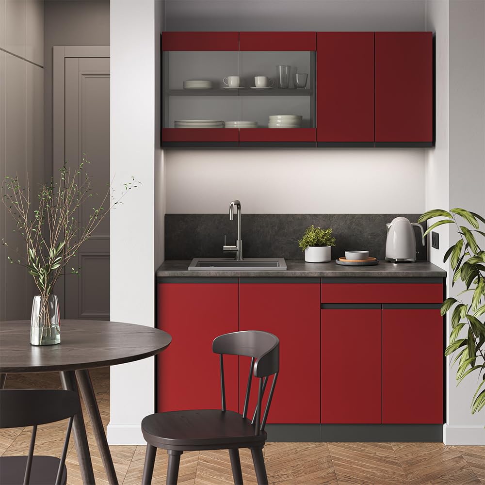 Vicco Singleküche R-Line, Rot/Anthrazit, 140 cm J-Shape, geeignet für Flexible Küchenanordnung und Erweiterungsmodule