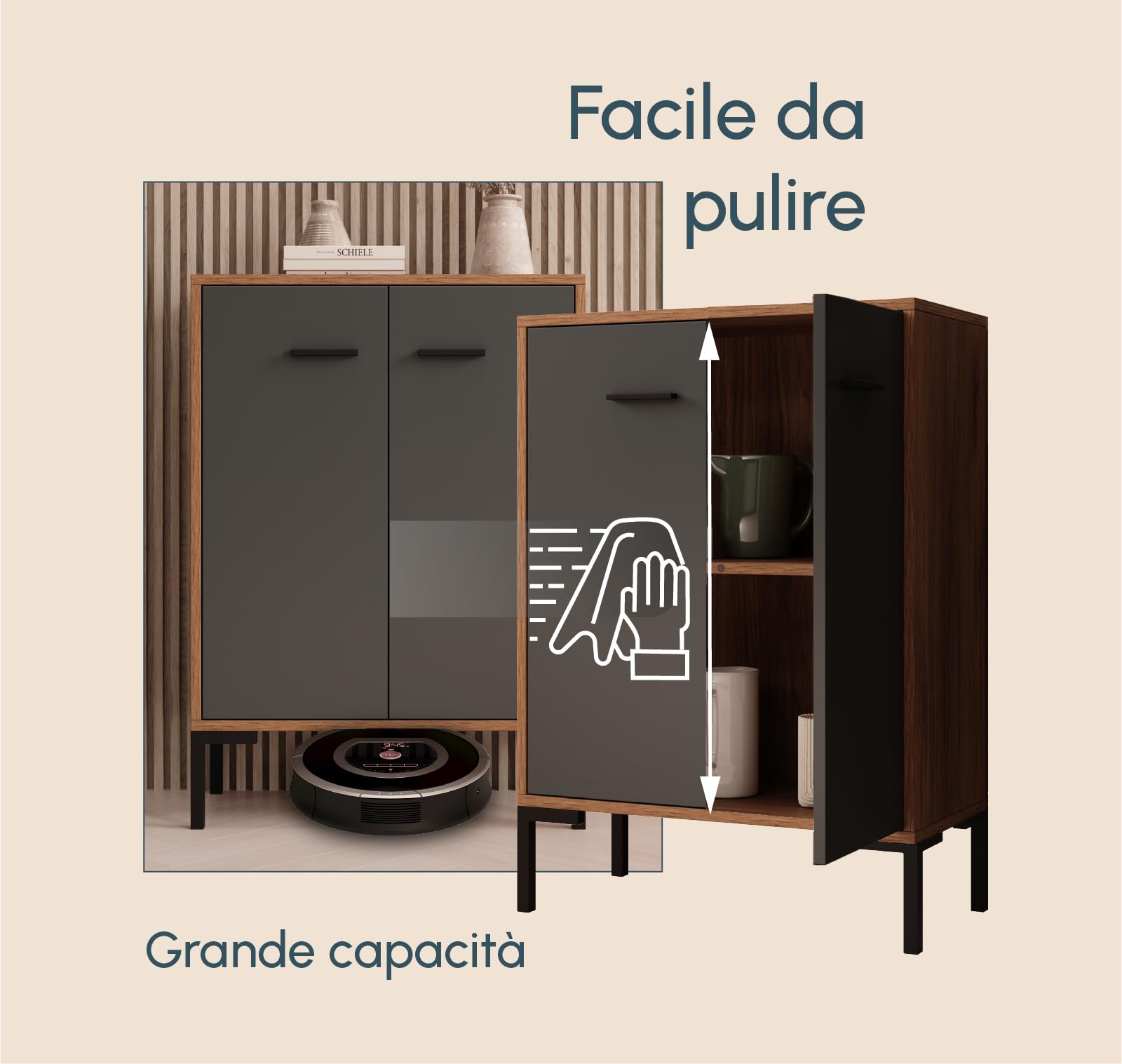 MB Muebles Bonitos, Credenza piccola Lander L15, Stile Moderno, Madia bassa multiuso con 2 ante, Colore Noce e Grigio, 60x84x30cm