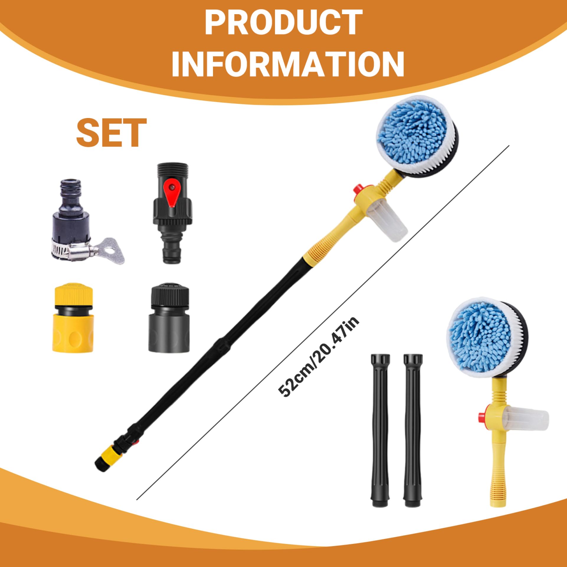 Car Cleaning Kit Automatic Rotating Long Handle Scratch Free Telescopic Wash Mop Car Washing Kit for Truck SUV RV Trailer, No Water Pipe Wash Brush for Hose Pipe