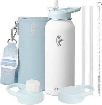 Coolflask 40 oz Water Bottle Insulated with PU Leather Sleeve & 2 Lids | Metal Water Flask Stainless Steel Triple-Wall, Cold 48+h/Hot 24+h, Dishwasher Safe, Leakproof, BPA-Free, for Gym & Hiking