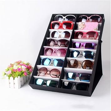 Eyeglass Storage Rack Sunglasses Storage Rack 16-slot Display Cabinet Black Glasses Tray Sunglasses Display Cabinet with Lid 13*19*2.4 Inch Eyeglass Organizer Display Rack  Color Black cover