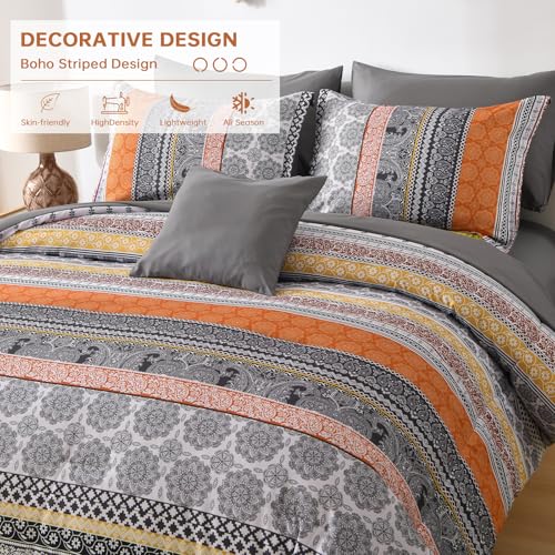 Image of Cottolester Boho Comforter Set Queen Size,8 Pieces Orange Bohemian Striped Bed in a Bag,Paisley Soft Microfiber Bedding Comforter Set