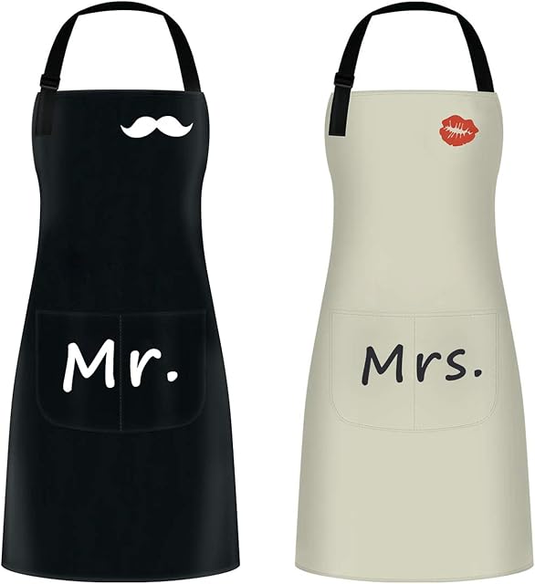 2PCS Cooking Aprons, Chef Aprons, Adjustable Waterproof Aprons for Men Women, Couple Apron as Gifts for Wedding, Engagement, Valentines Day, Father's Day, Mother's Day (Black & Beige)